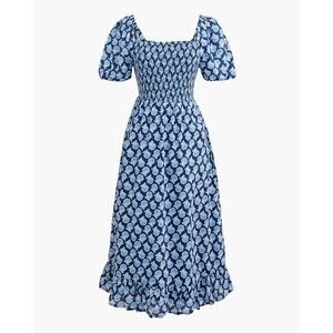 J.Crew Smocked Midi Dress Sz M Cotton Blue Floral Puff Sleeves Nice!